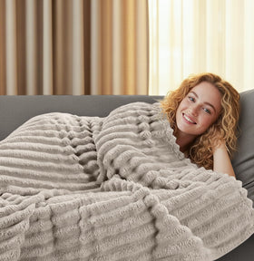 Utopia Bedding linen striped fleece blanket shown for all-season use during cozy evenings