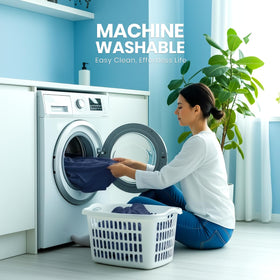 Utopia Bedding machine-wash friendly mattress protector shown being laundered