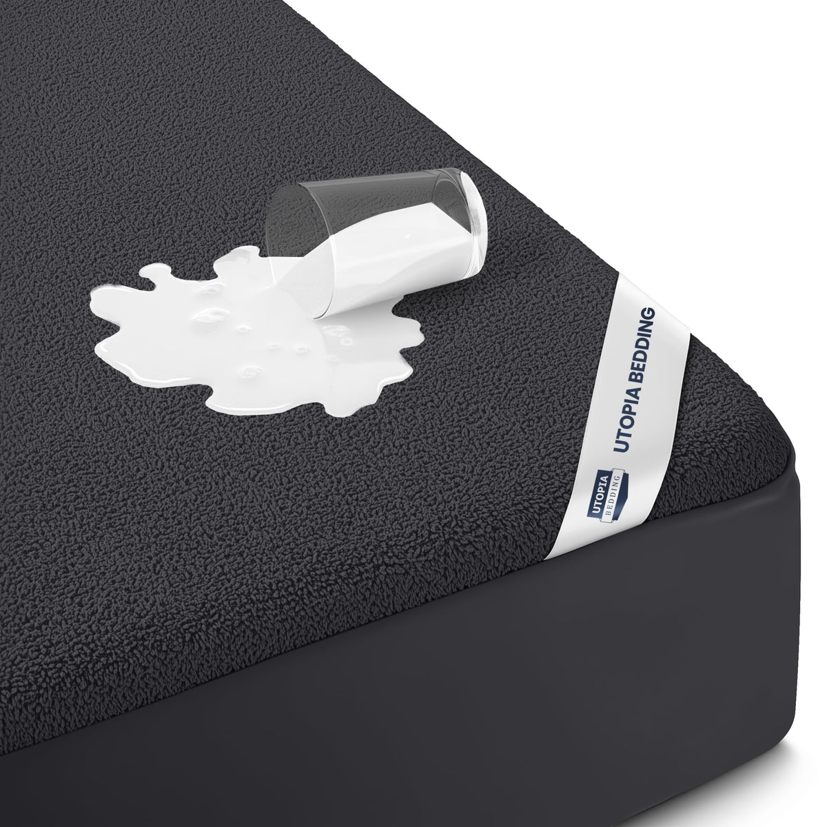 Utopia Bedding king-size mattress protector top view shows moisture barrier and breathable terry surface.