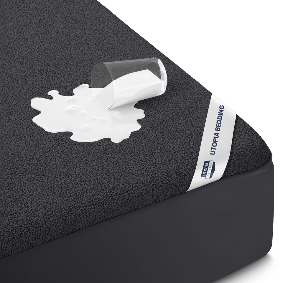 Utopia Bedding king-size mattress protector top view shows moisture barrier and breathable terry surface.
