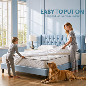 Utopia Bedding protector shown on a bed with 15-inch deep pockets.