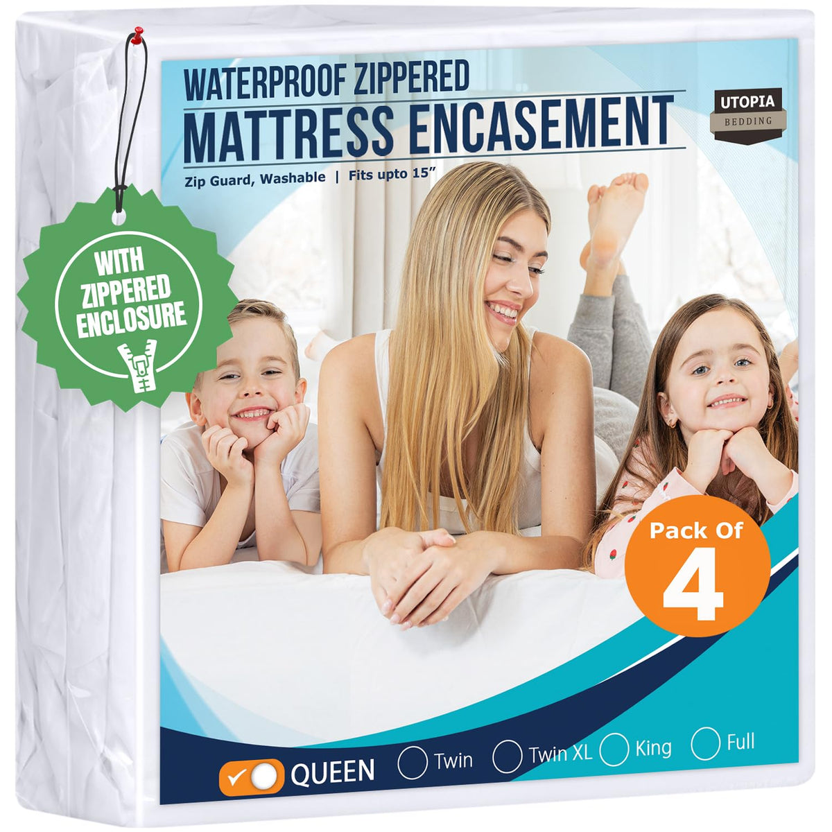 Utopia Bedding zippered queen protector in a four-pack covers the mattress.