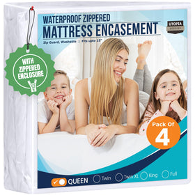 Utopia Bedding zippered queen protector in a four-pack covers the mattress.