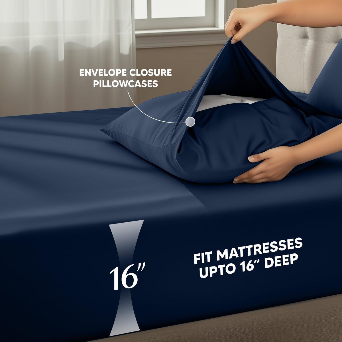 Navy blue colorway enhances bedroom décor with a calm, inviting look.