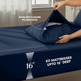 Navy blue colorway enhances bedroom décor with a calm, inviting look.