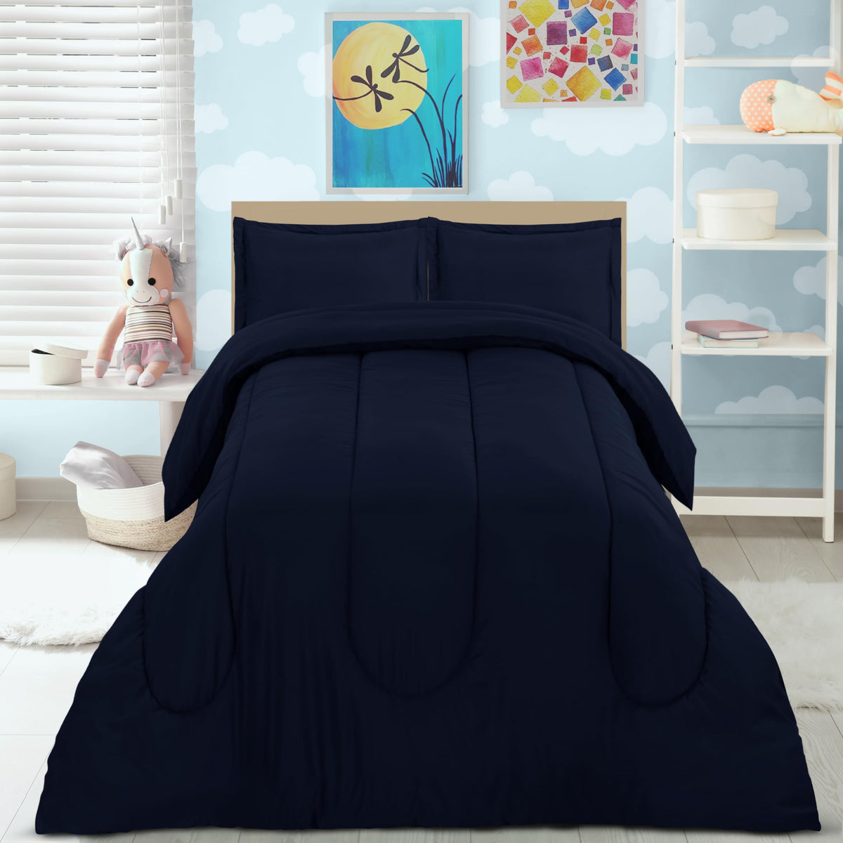 Utopia Bedding Navy Kids bedroom scene illustrating lightweight bedding for all seasons.