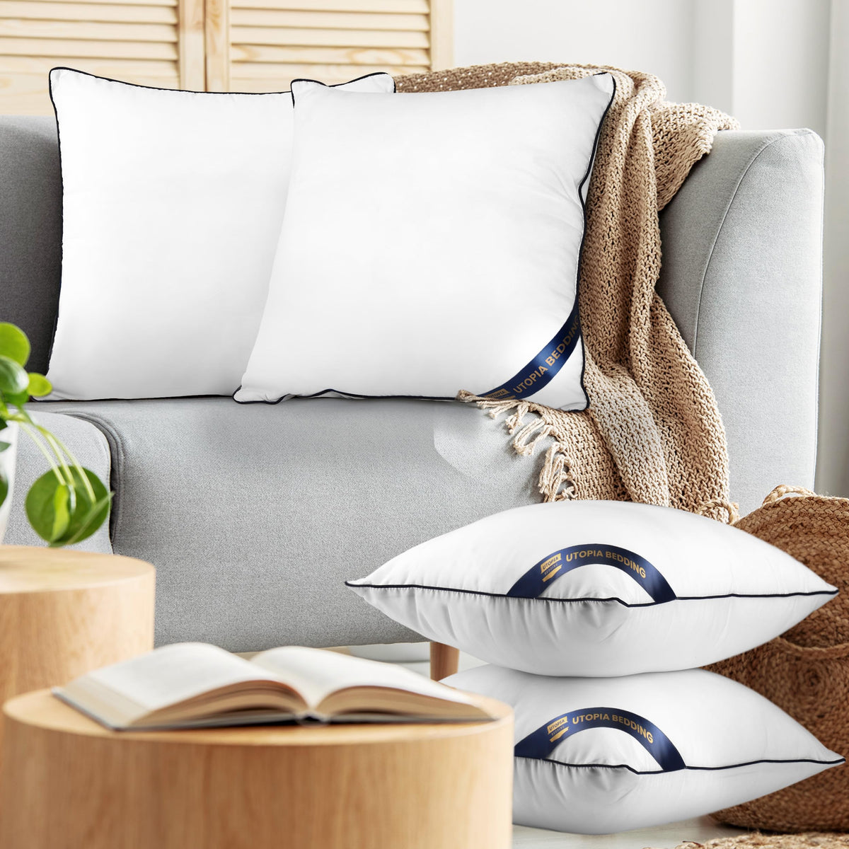 Office lounge setup featuring Utopia Bedding pillow inserts