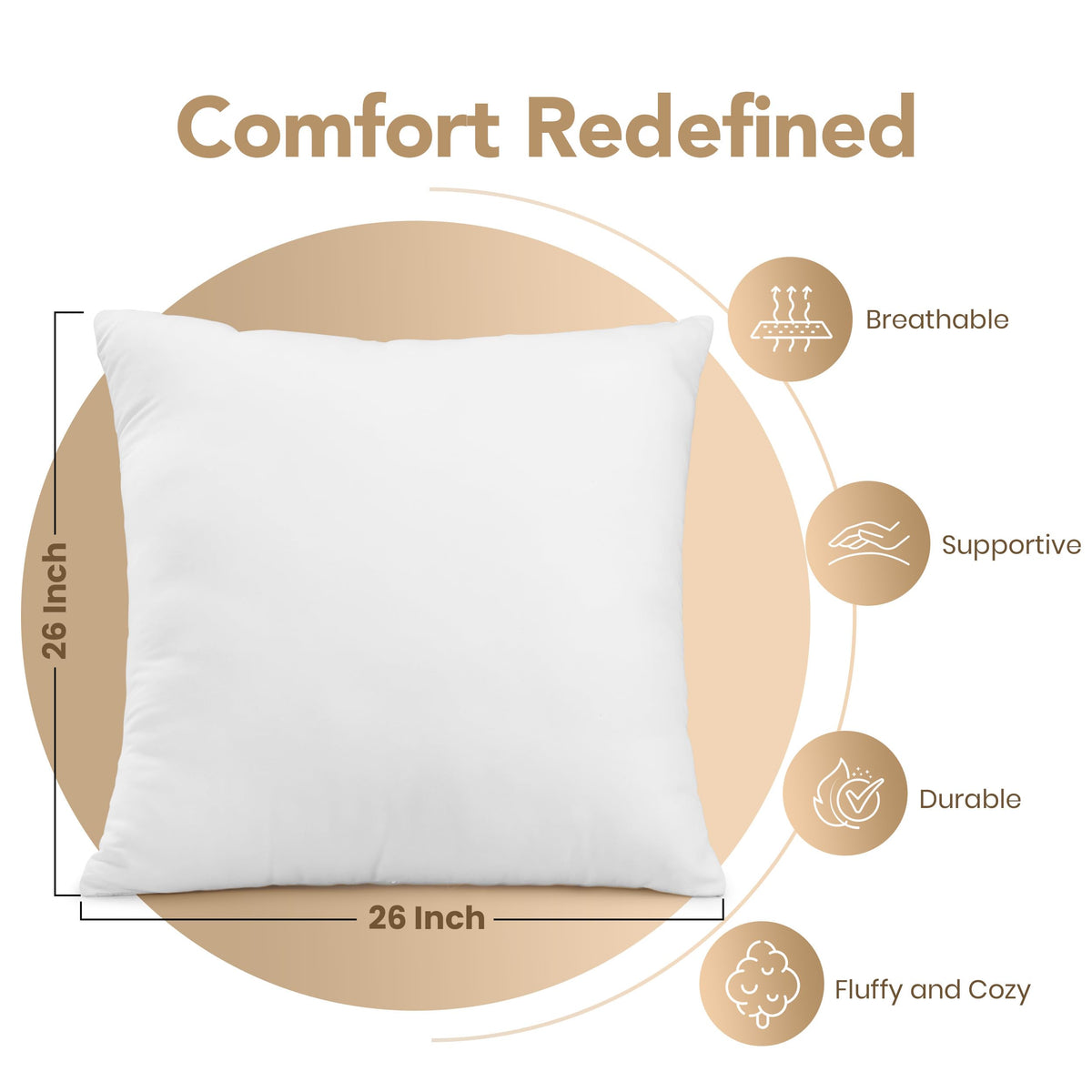 Utopia Bedding outdoor pillow inserts 26x26 side view highlighting plush fill and smooth cover.