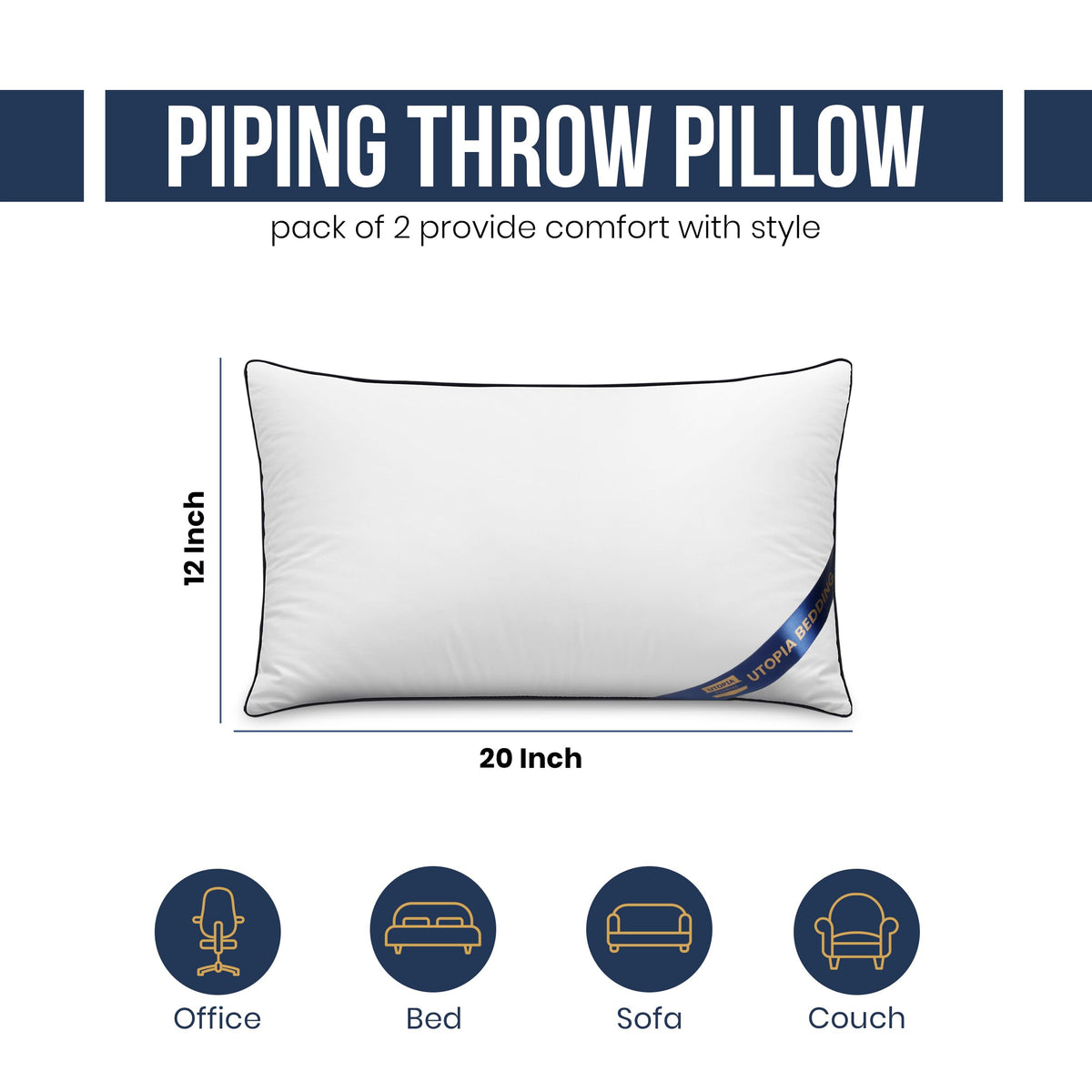 Utopia Bedding pillow insert navy piping edge adds durable, clean finish to cushions.