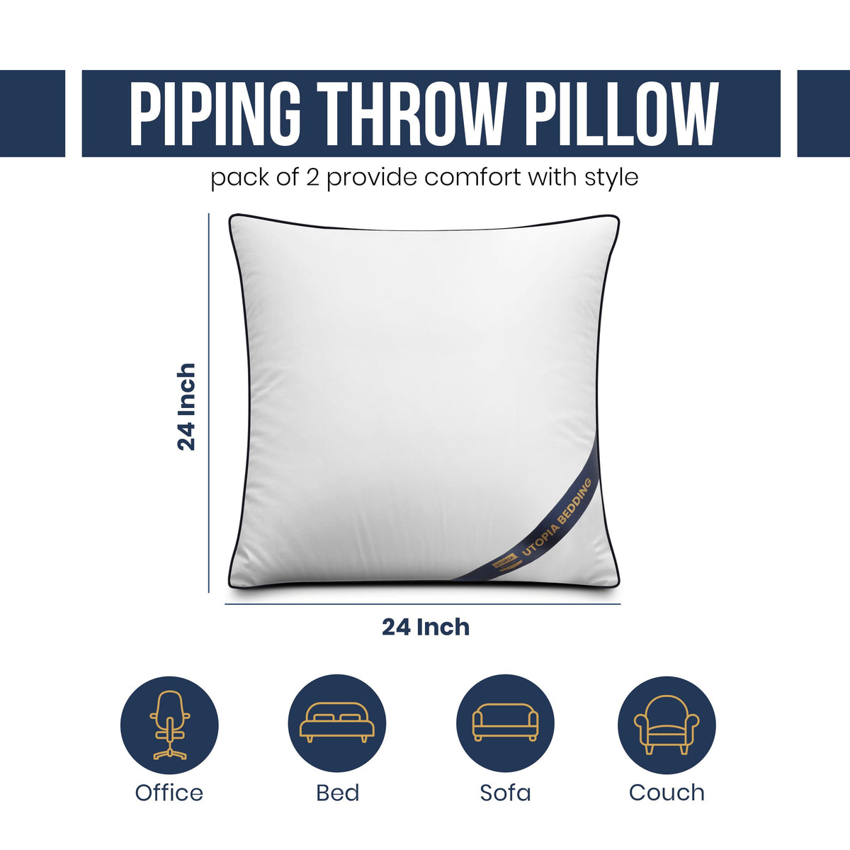 Utopia Bedding pillow inserts with navy piping, 24x24, adds a clean, durable edge.