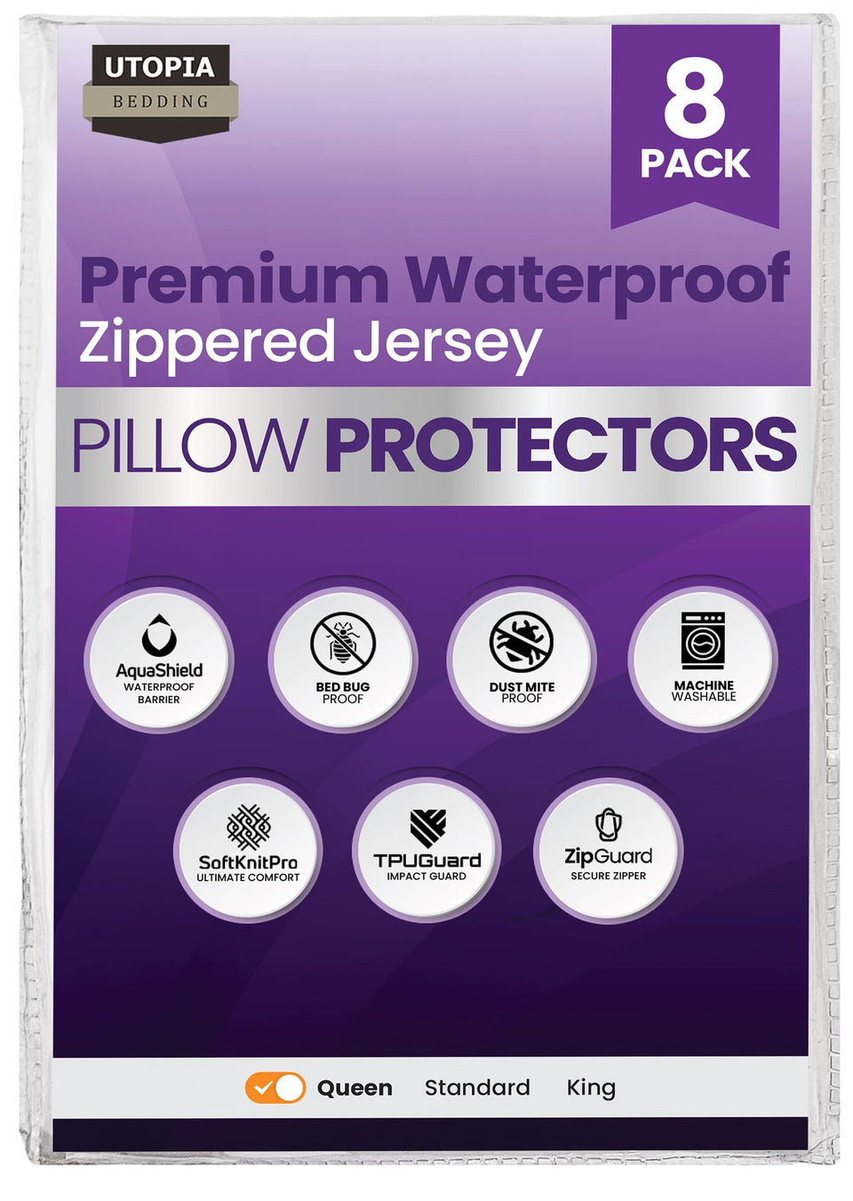 Utopia Bedding queen pillow protector set shows soft knit fabric and secure zipper.