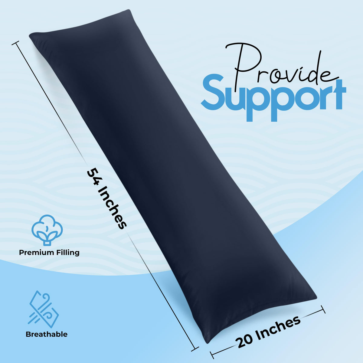 Pillow designed for side sleeping with full-length support.