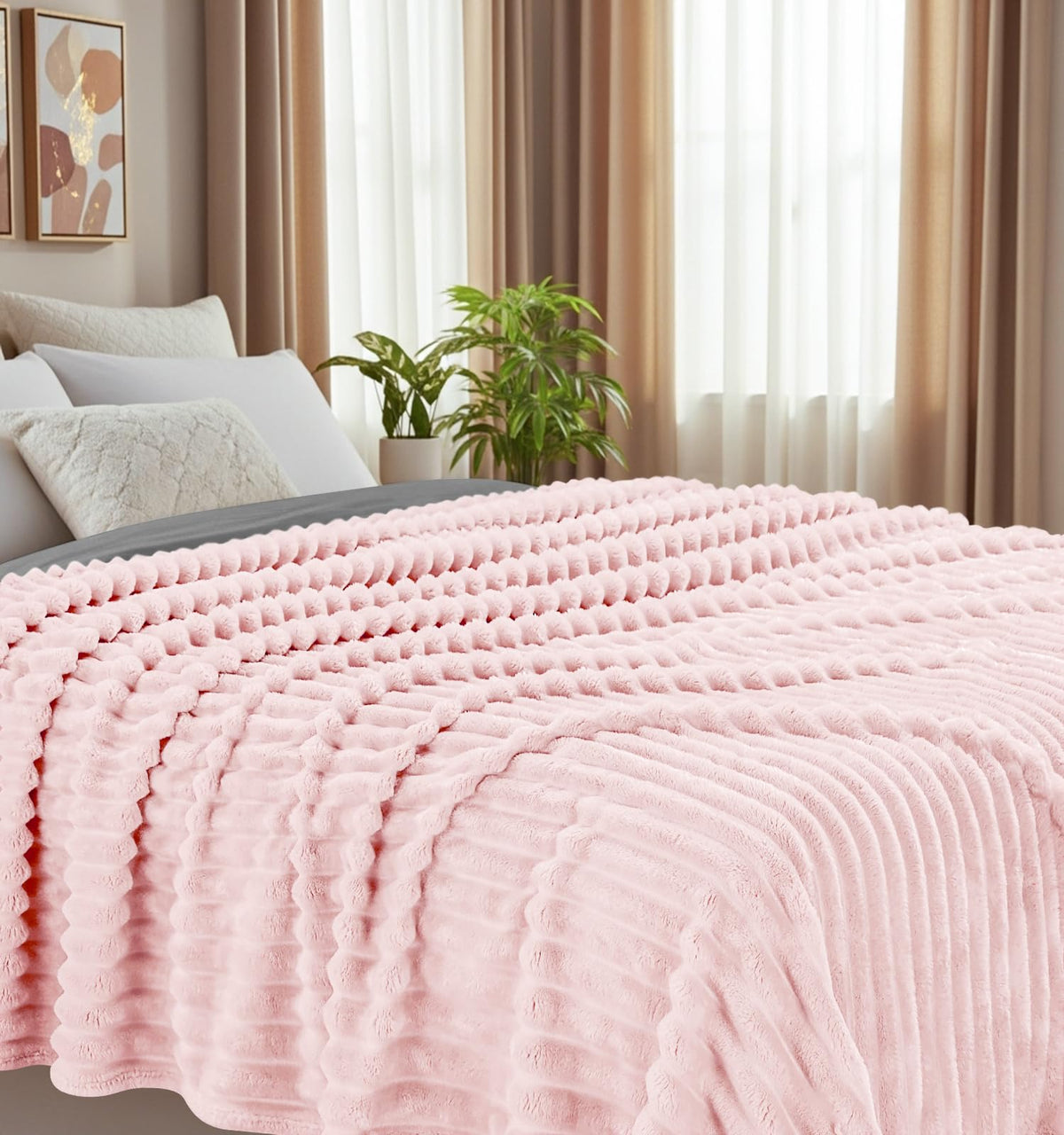 Utopia Bedding pink striped fleece blanket neatly folded and gift-ready