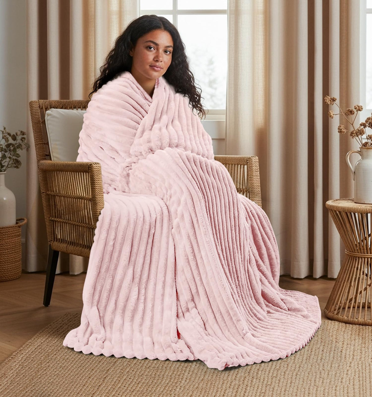 Utopia Bedding pink striped fleece blanket gift-ready package on display