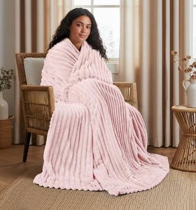 Utopia Bedding pink striped fleece blanket gift-ready package on display