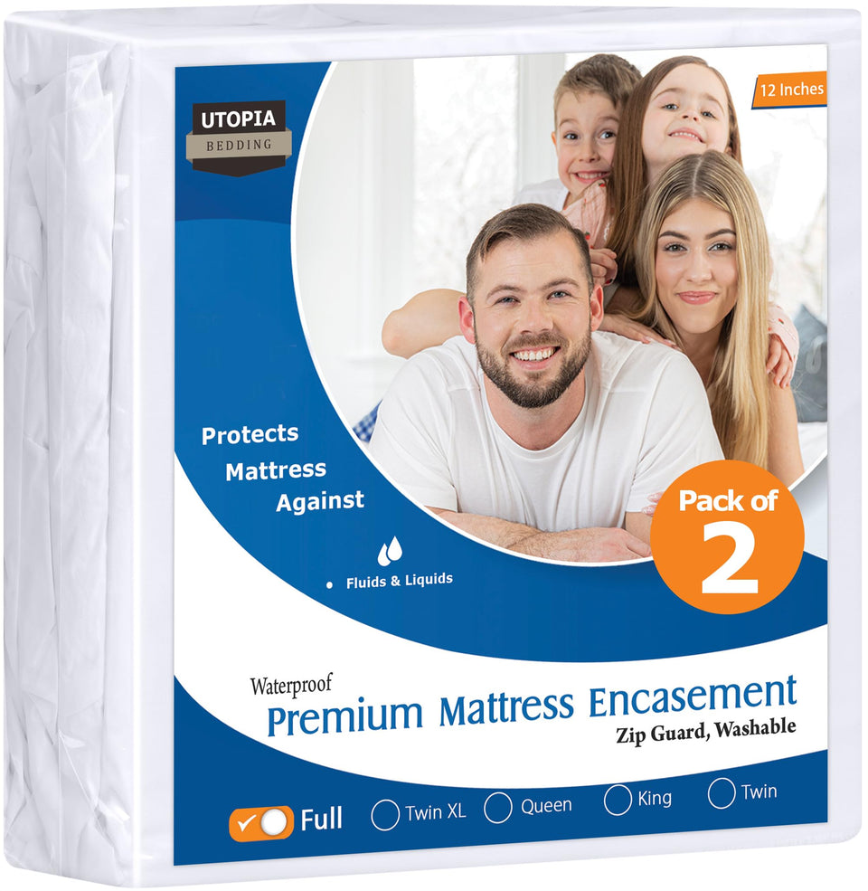 Utopia Bedding premium waterproof mattress cover on full bed; 12-inch pocket, bed bug protection.