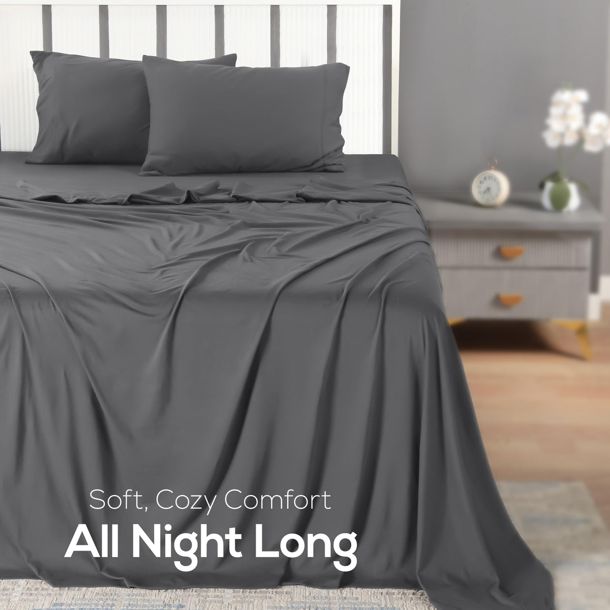 Utopia Bedding Queen dark grey bedroom scene — versatile color to match any decor.