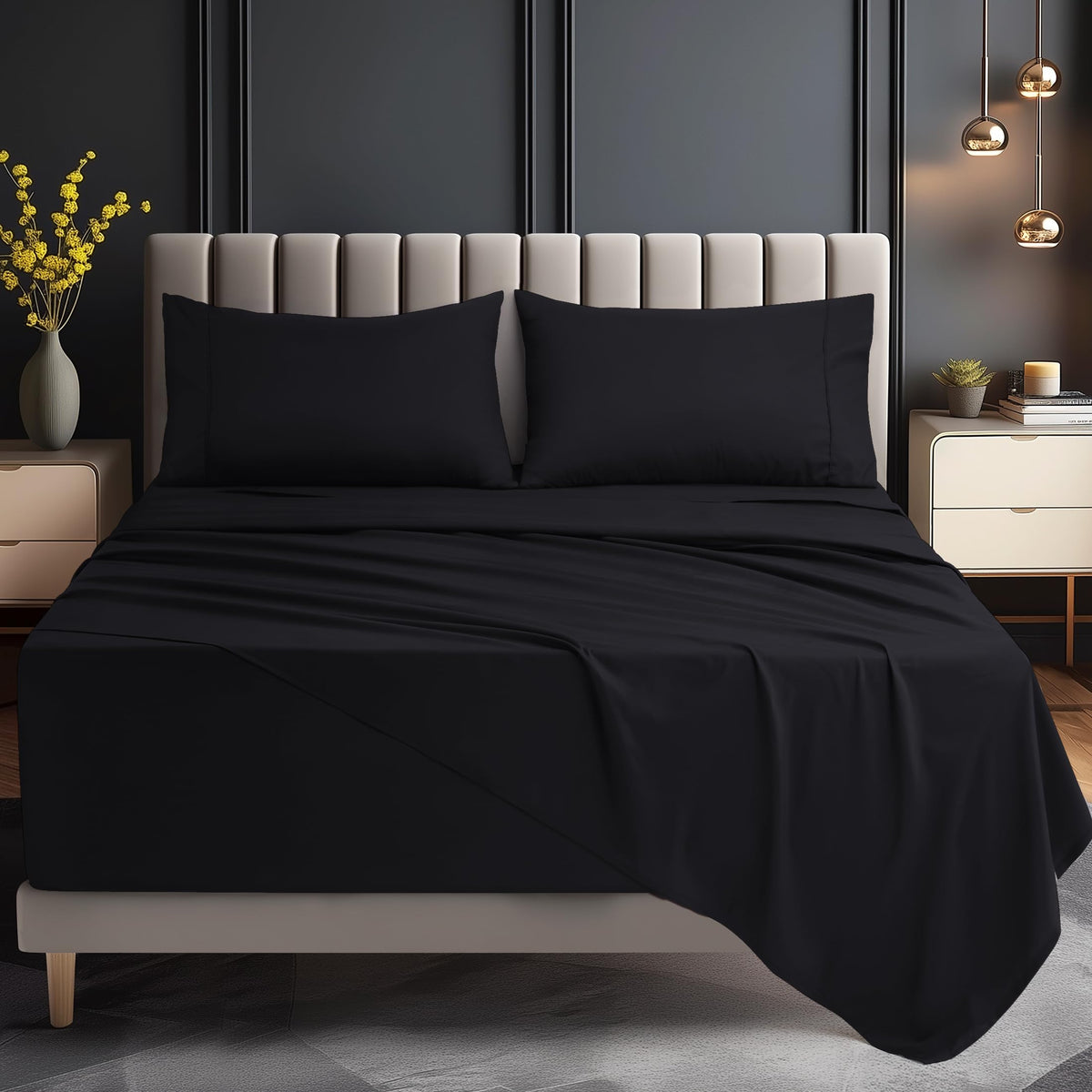Utopia Bedding queen fitted sheet in black showing a deep-pocket fit.