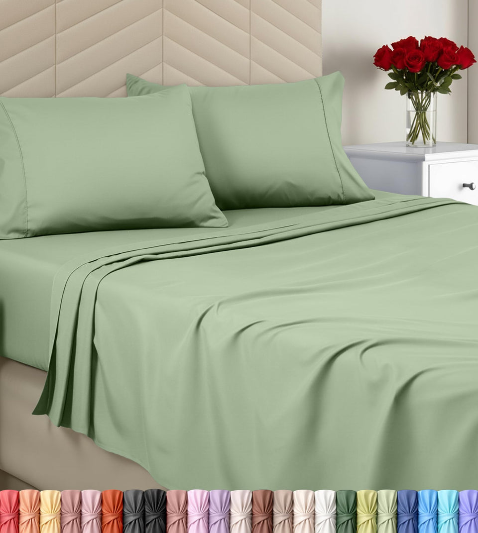 Utopia Bedding queen flat sheet in sage offers a soft microfiber surface for comfortable sleep.