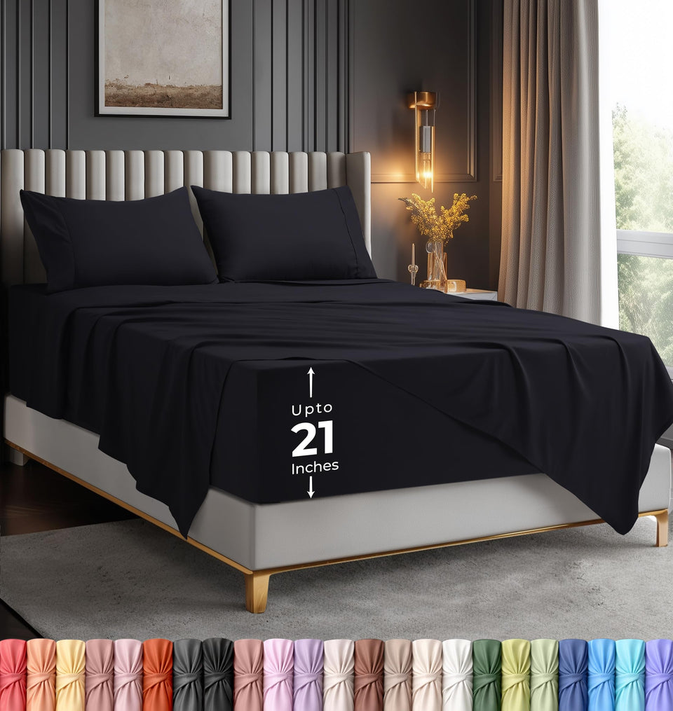 Utopia Bedding queen flat sheet in black with a soft, breathable microfiber texture.