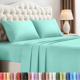 Utopia Bedding Queen flat sheet in spa blue highlights breathable microfiber for cool nights