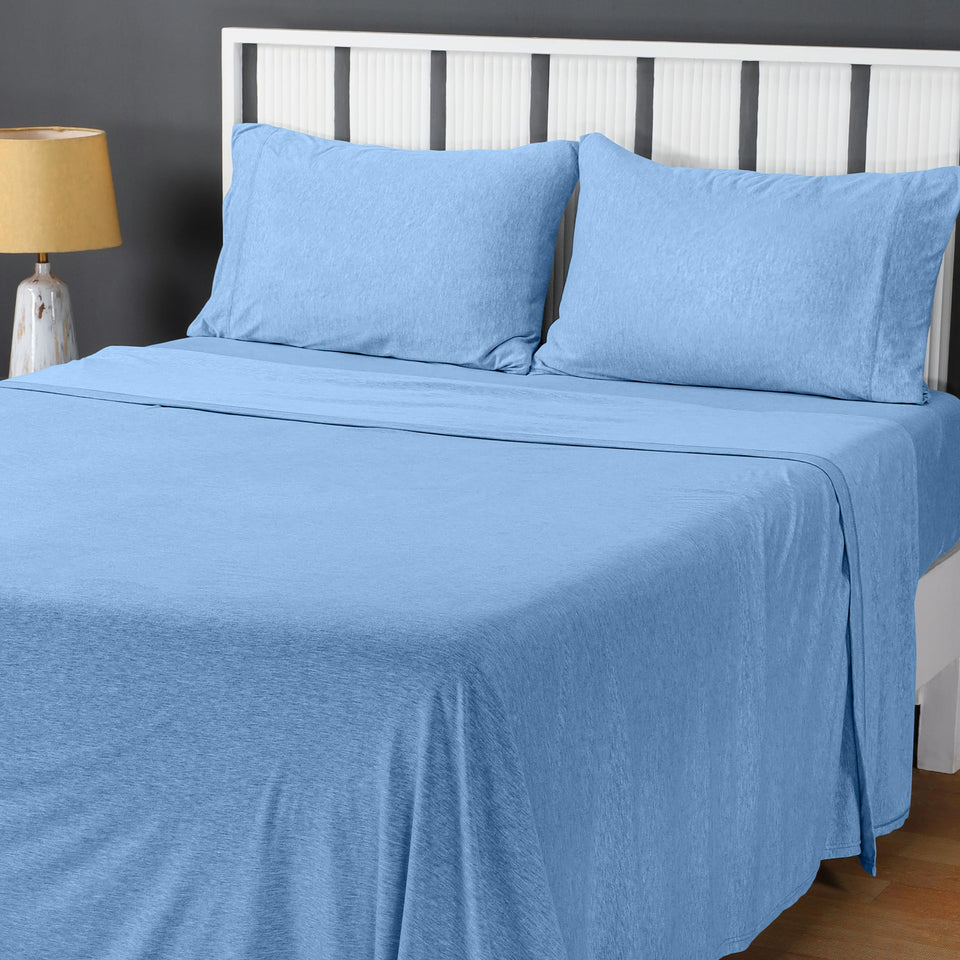 Utopia Bedding jersey-knit sheet set packaging shows four-piece convenience for quick setup.