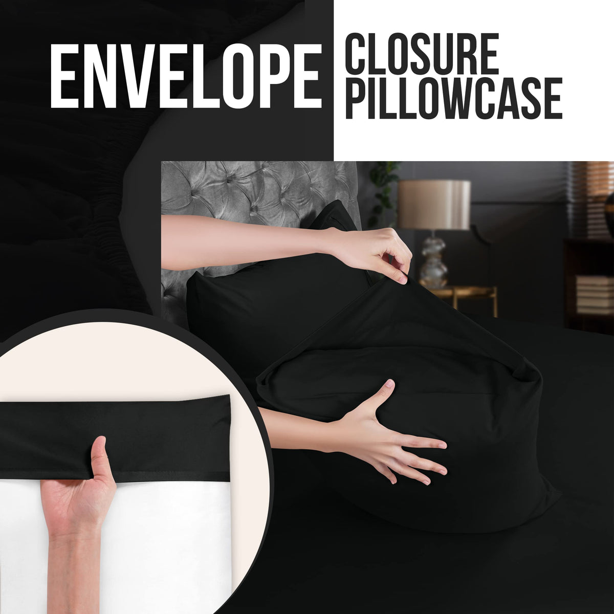 Utopia Bedding queen pillow cases black 4-inch hem piping feature