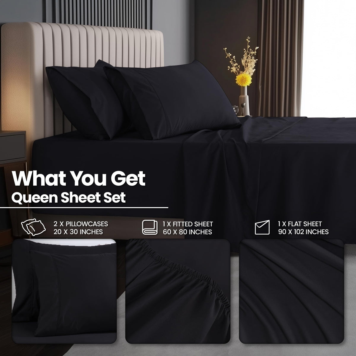 Utopia Bedding queen pillowcases in black for smooth, comfortable nights.