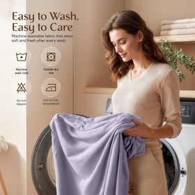 Utopia Bedding queen sheet set care instructions image communicates easy machine wash and low-heat drying.
