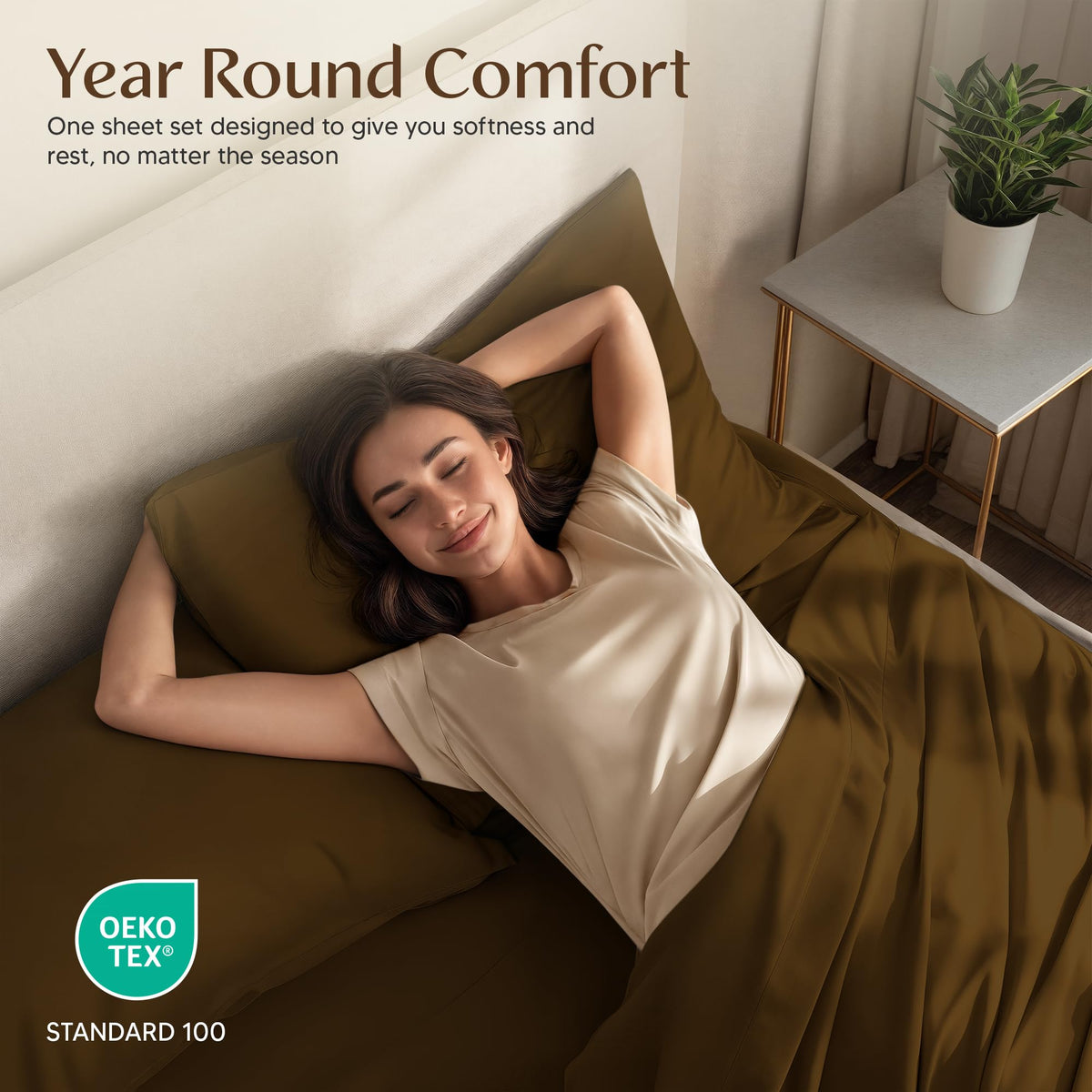 Utopia Bedding mocha color sheet set on bed adds stylish decor and mood.