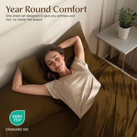 Utopia Bedding mocha color sheet set on bed adds stylish decor and mood.