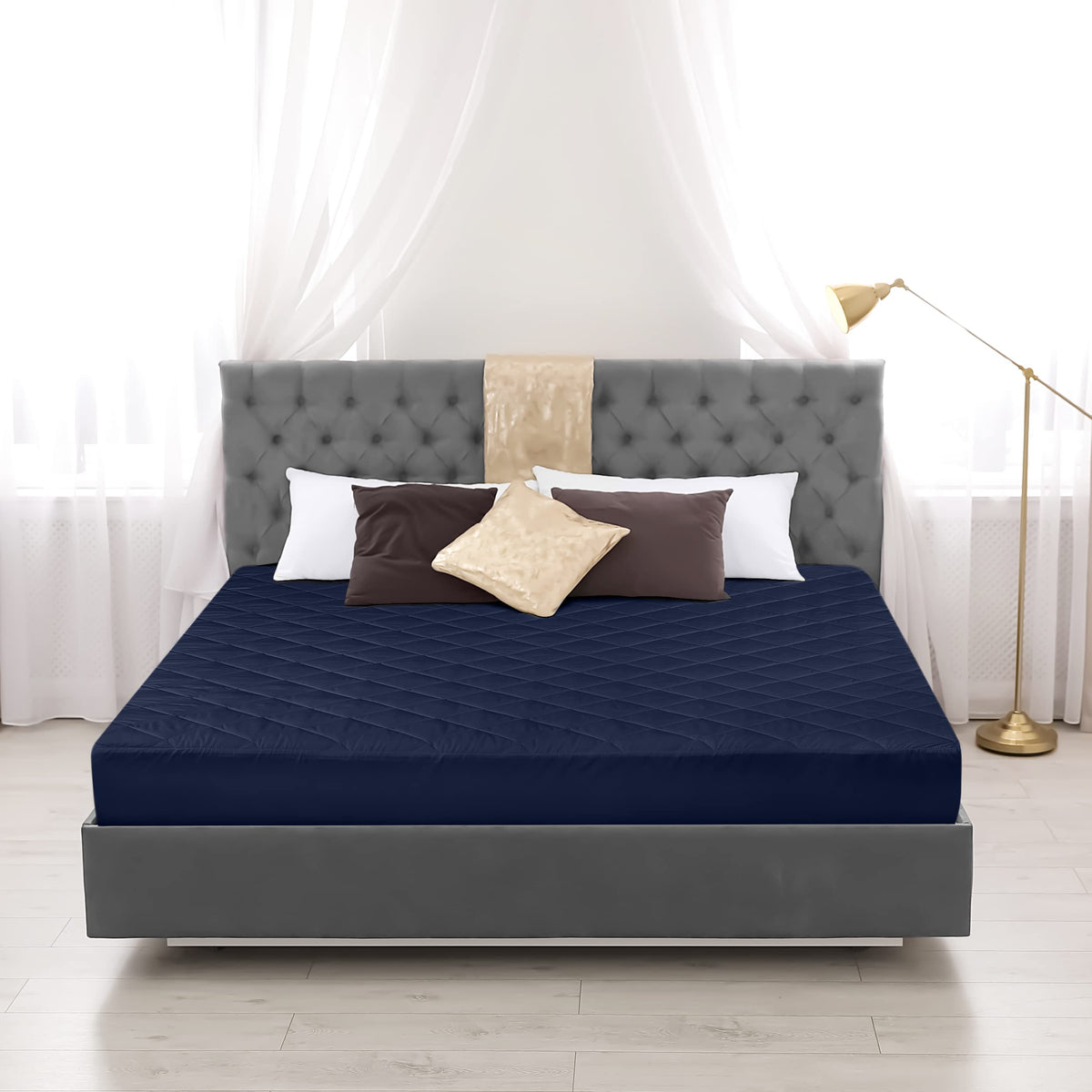 Utopia Bedding navy pad packaging highlights quick setup and fit testing.