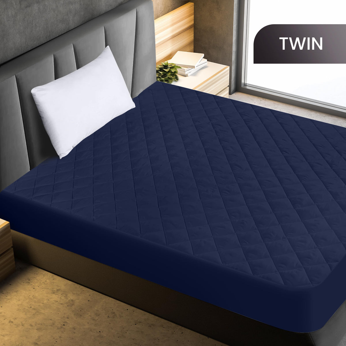 Utopia Bedding quilted fitted pad navy side view shows full-edge elastic for snug mattress grip.