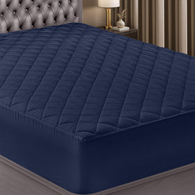 Utopia Bedding quilted fitted mattress pad navy top view highlights secure elastic fit and soft loft.