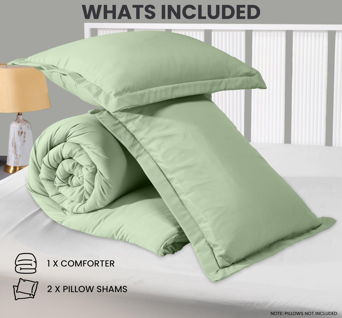 Sage green bedding set on a neatly made bed conveys a cozy, calming look.