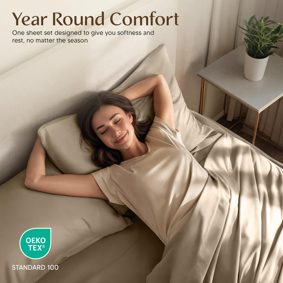Utopia Bedding sand color sheet set styled on a bed for a calm, inviting sleep space.