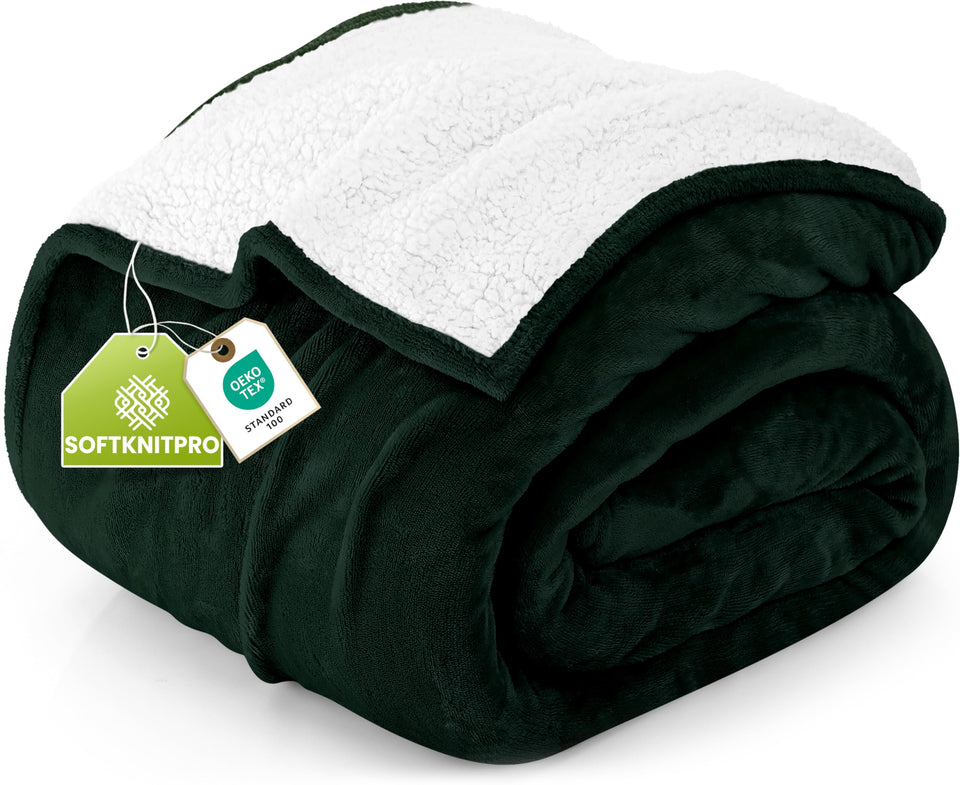 Utopia Bedding Sherpa Blanket forest green on bed shows luxurious soft warmth