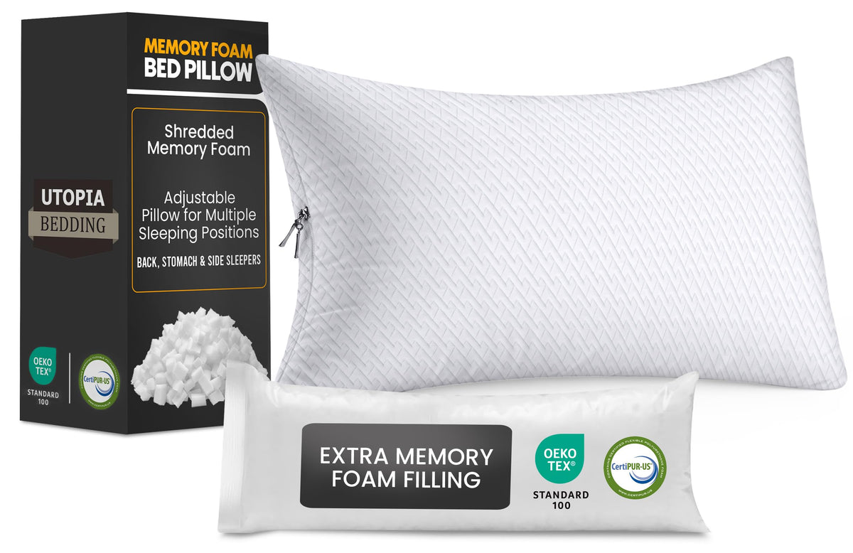 Utopia Bedding shredded memory foam pillow king front view with cooling design for restful sleep
