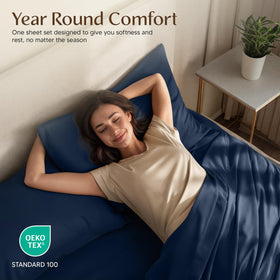 Machine washable microfiber sheet set for easy care and long-lasting softness.