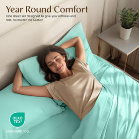 Utopia Bedding spa blue bed scene demonstrating all-around elastic fit