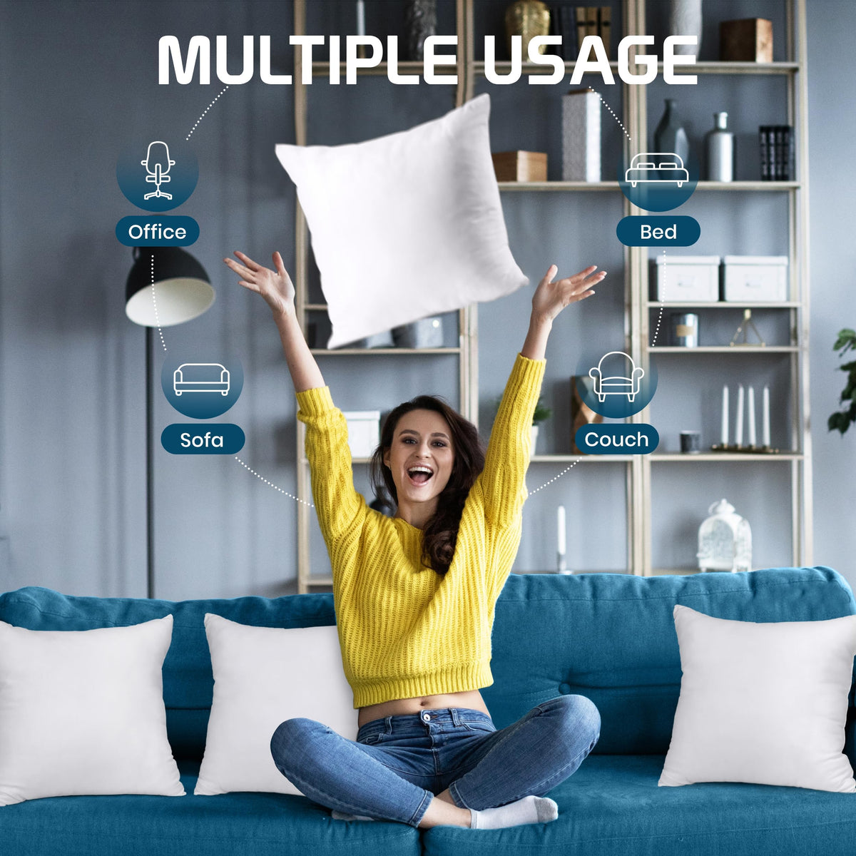 Utopia Bedding insert demonstrates back support for desk or couch use