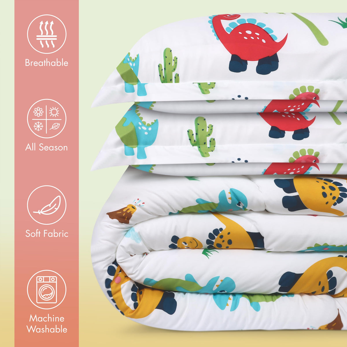 Utopia Bedding twin bed comforter with dinosaur print adds lightweight warmth to the room.