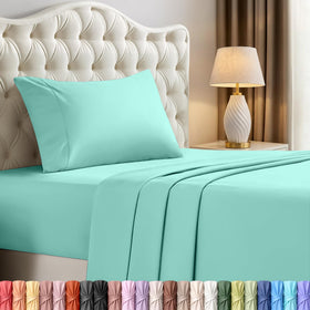 Utopia Bedding Twin XL flat sheet in spa blue on a neatly made dorm bed