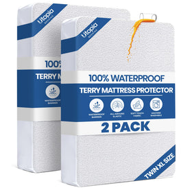 Utopia Bedding twin xl protector 2-pack packaging shows durable spill protection.
