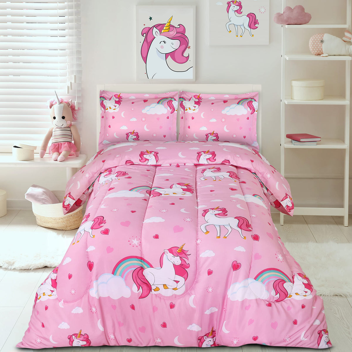 Twin bed layout featuring the unicorn comforter by Utopia Bedding
