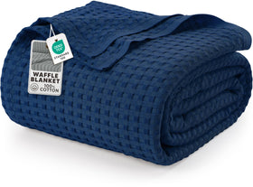 Utopia Bedding navy waffle blanket twin draped on bed for all-season comfort