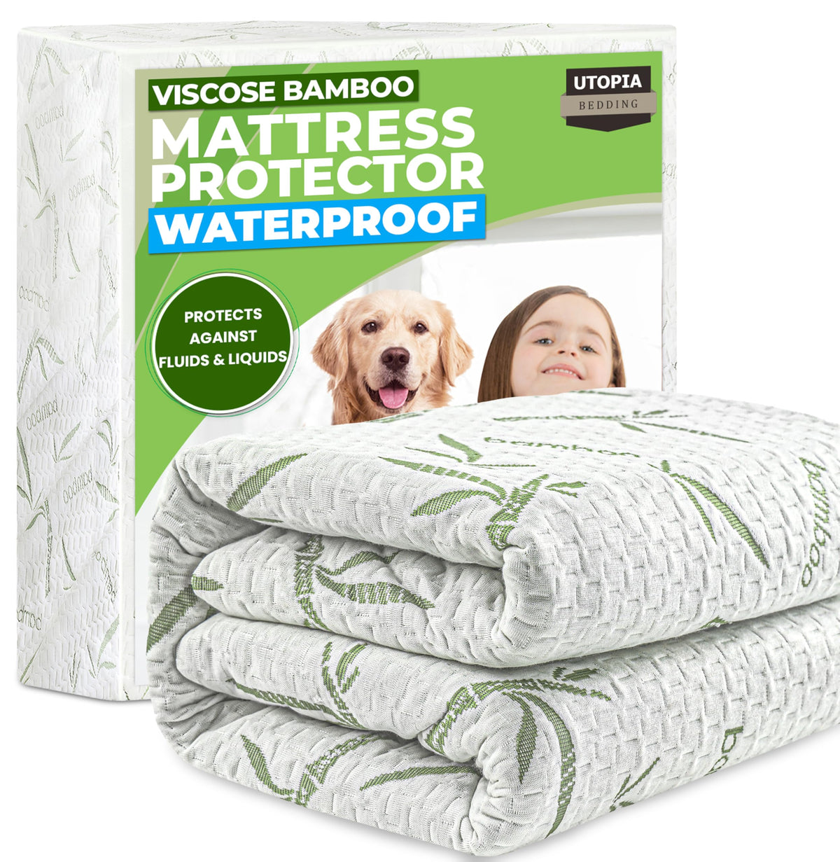 Utopia Bedding waterproof king mattress protector on bed keeps surface dry.