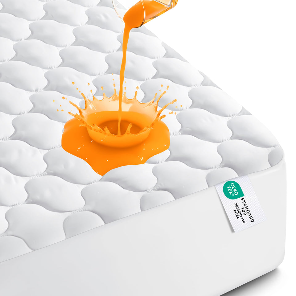 Utopia Bedding waterproof mattress protector on queen bed, guarding against spills and stains.