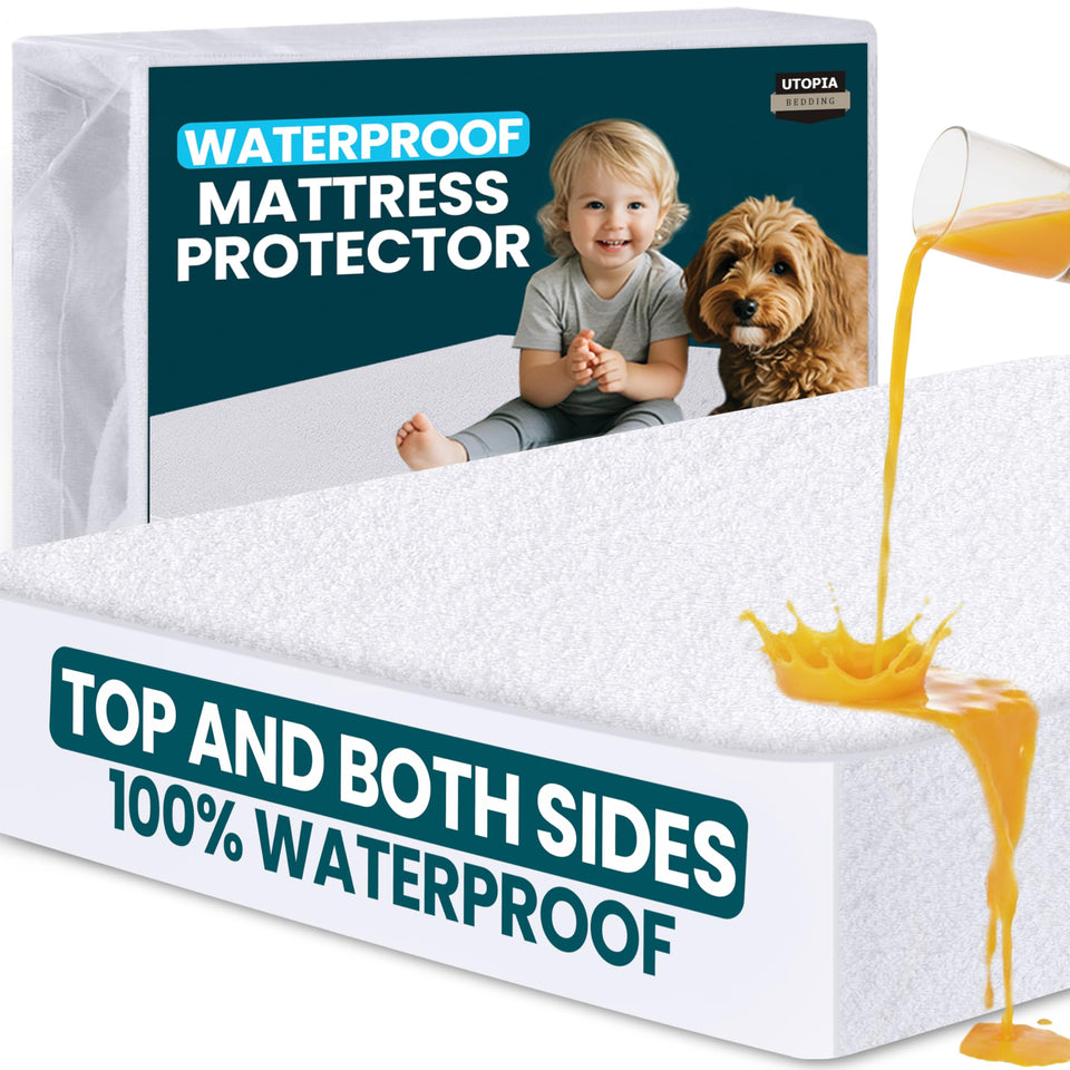 Utopia Bedding waterproof mattress protector on a king bed protects top and sides from spills