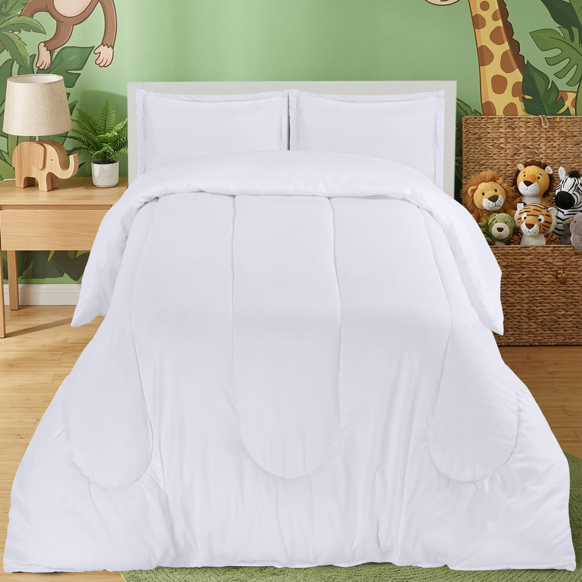 Utopia Bedding white kids comforter set on bed with twin design and clean look
